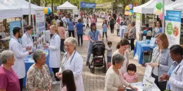 Diverse community members at a health fair, actively engaged in wellness activities and discussions.