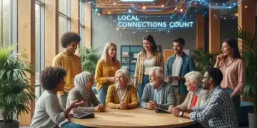 Diverse community members connecting in a modern space, symbolizing strong local ties and future engagement.