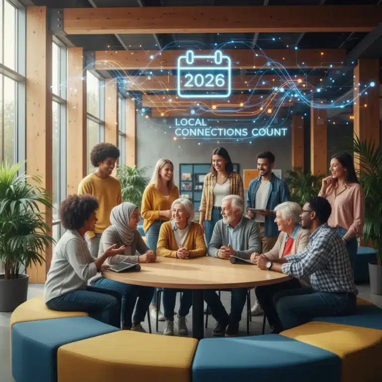 Diverse community members connecting in a modern space, symbolizing strong local ties and future engagement.