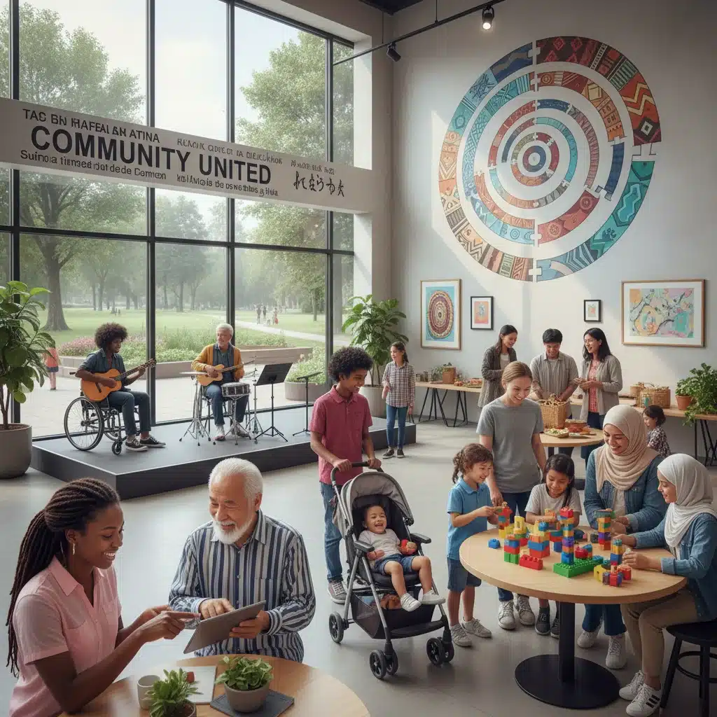 Diverse community members interacting, representing multicultural social structures.