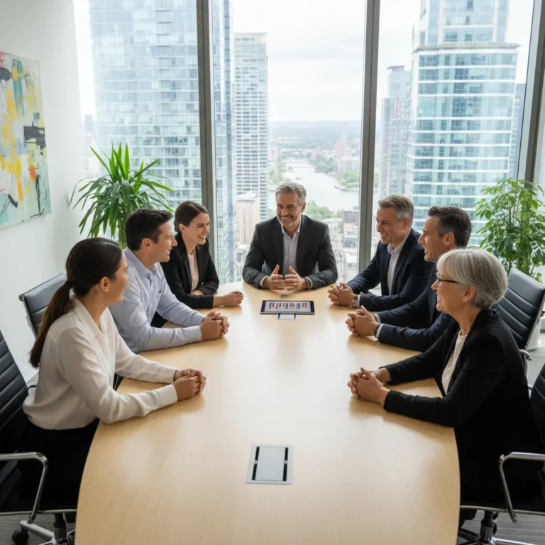 Diverse professionals collaborating at a conference table, symbolizing effective generational communication strategies.
