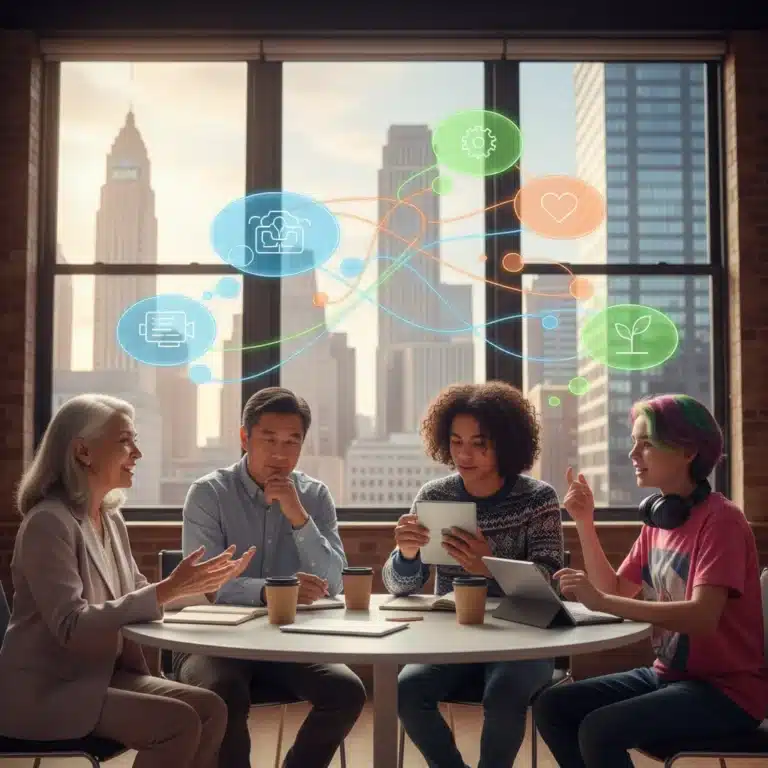 Diverse generations discussing social values in a modern setting