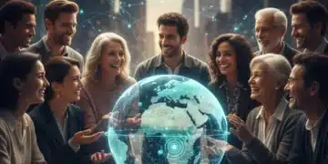 Cross-Cultural Dialogue 2026: Building Bridges, Not Walls Diverse group engaging in global cross-cultural dialogue around a futuristic globe.