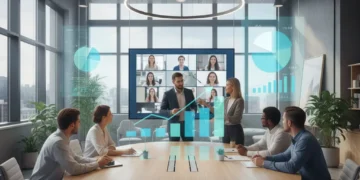 Diverse professionals collaborating in a hybrid work environment, reflecting modern workforce cultural shifts.