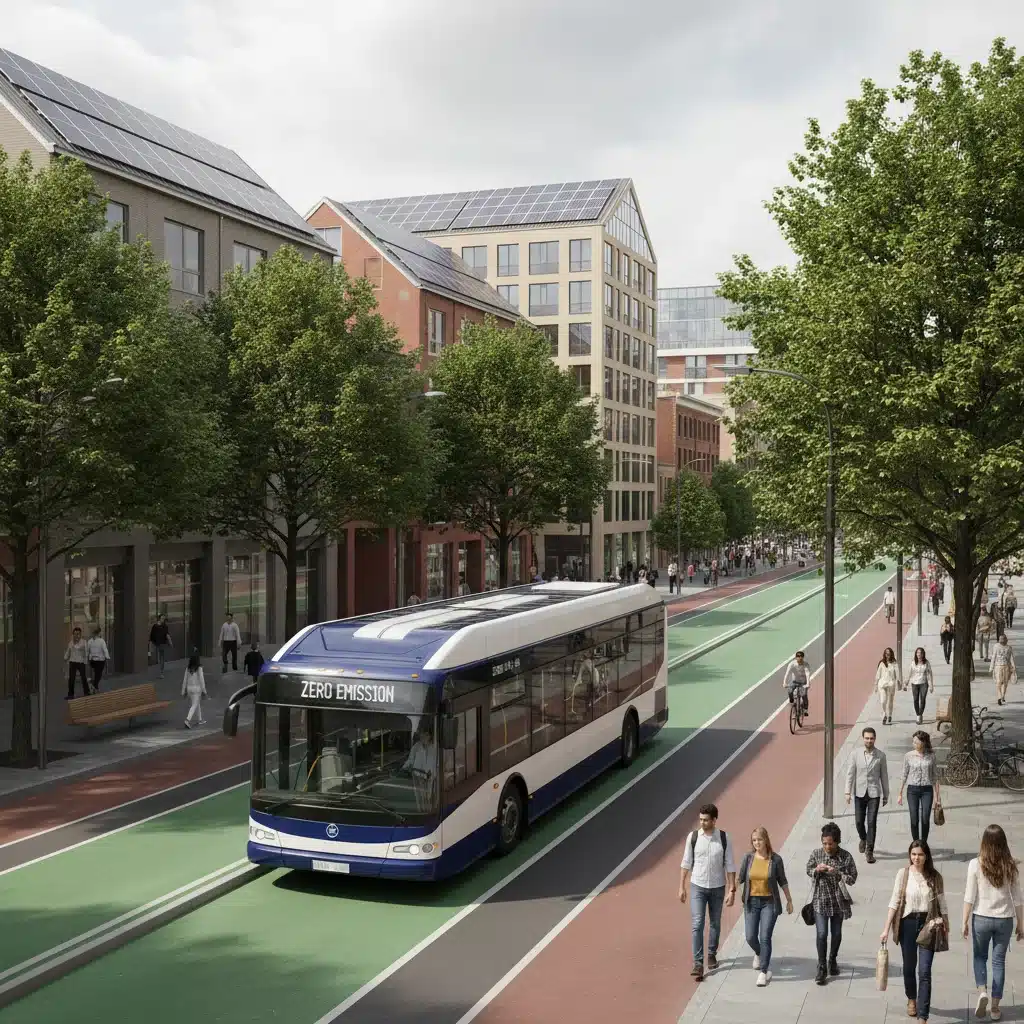 Electric public transit bus in city, solar panels, sustainable urban scene.