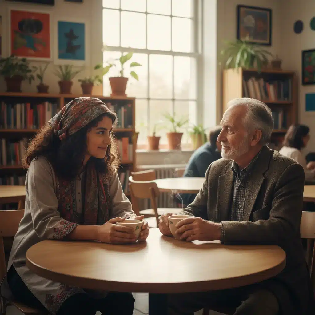 People from diverse backgrounds engaged in empathetic conversation, fostering understanding.