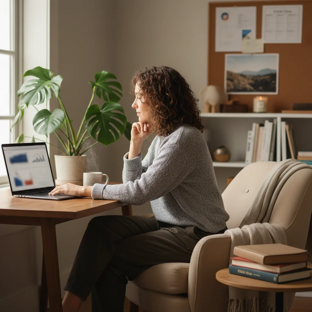 Employee focused on work with emphasis on well-being and flexibility in a home office setting.