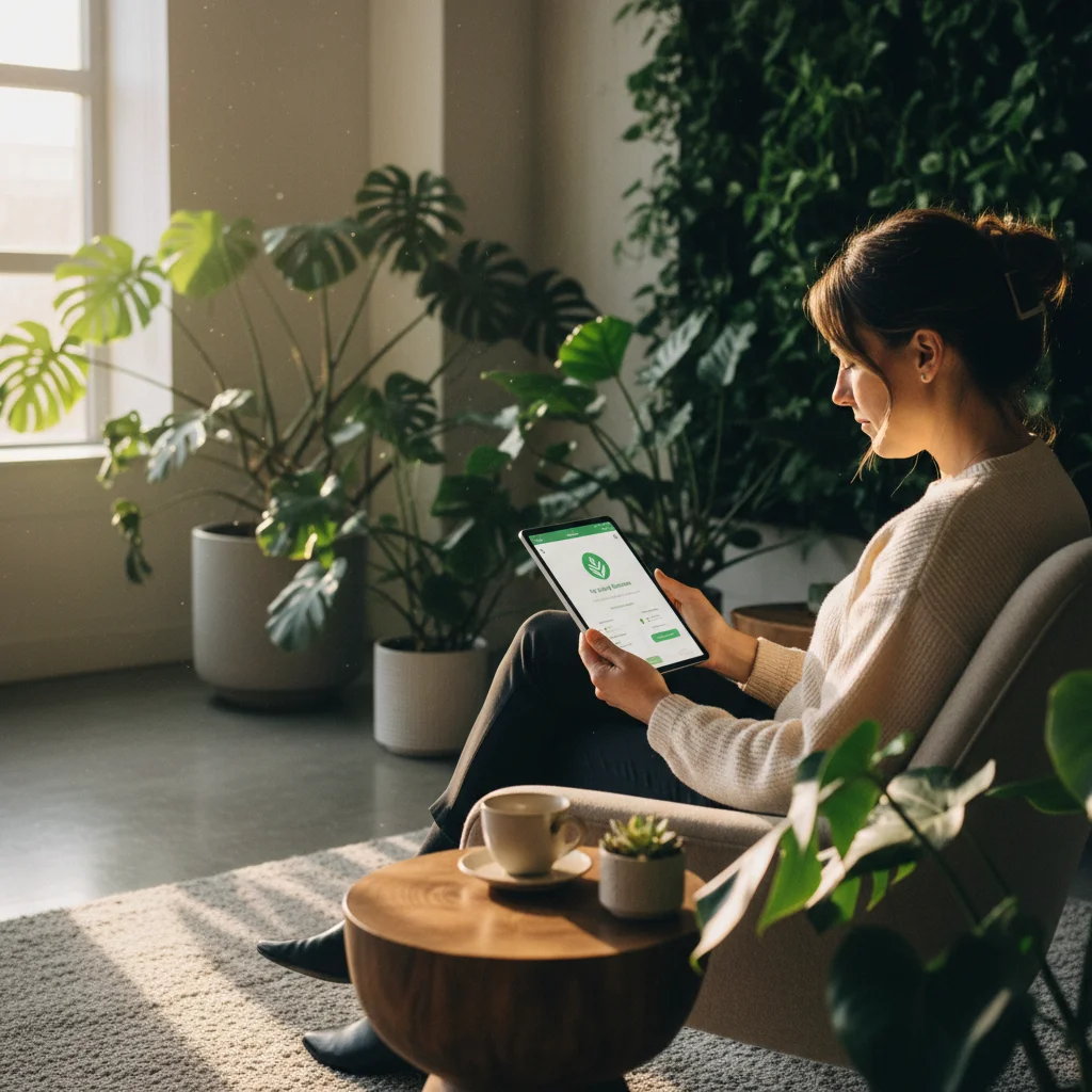 Employee engaging with a wellness app in a serene office environment, promoting mental health and well-being.