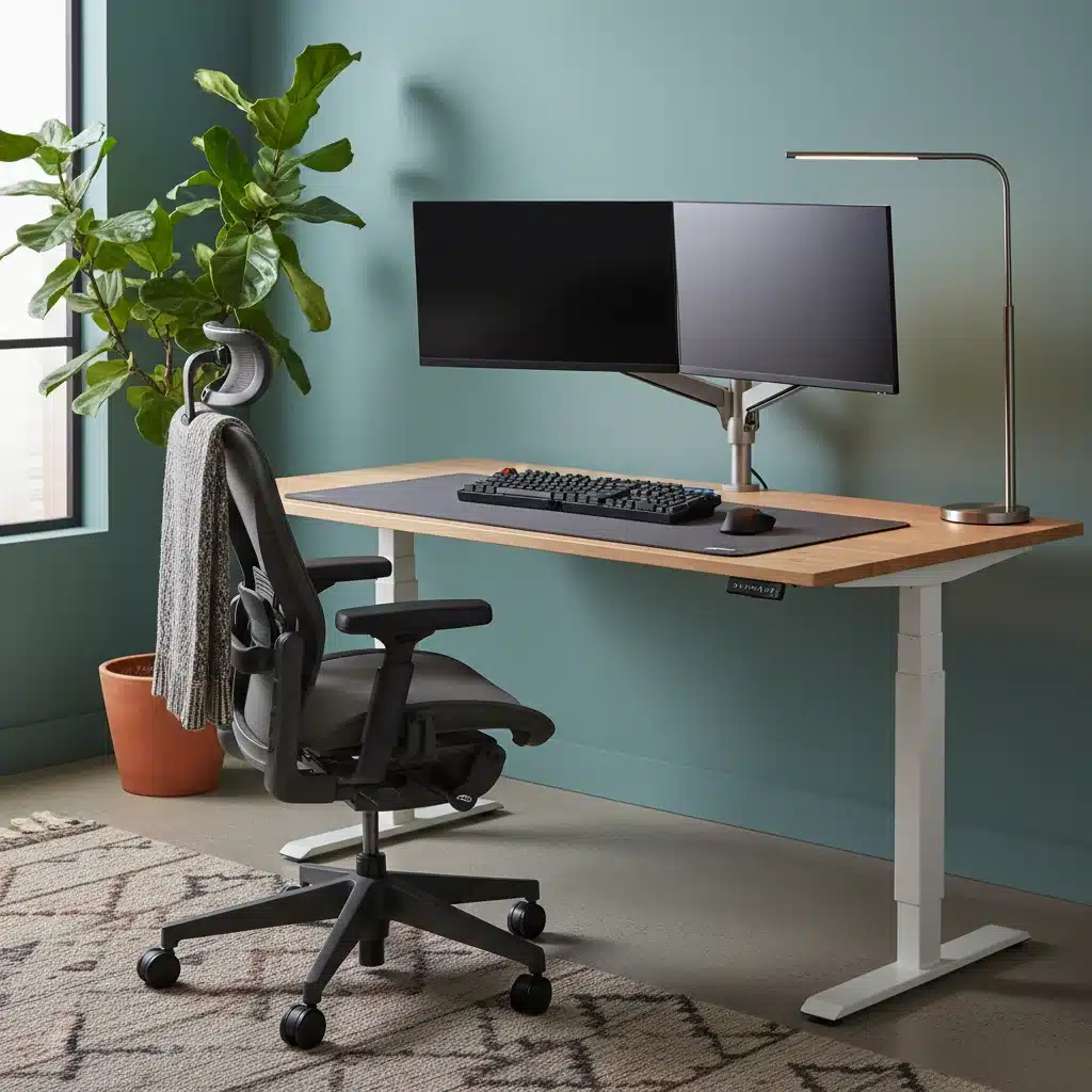 Ergonomic home office setup with standing desk, dual monitors, and proper lighting for comfort.