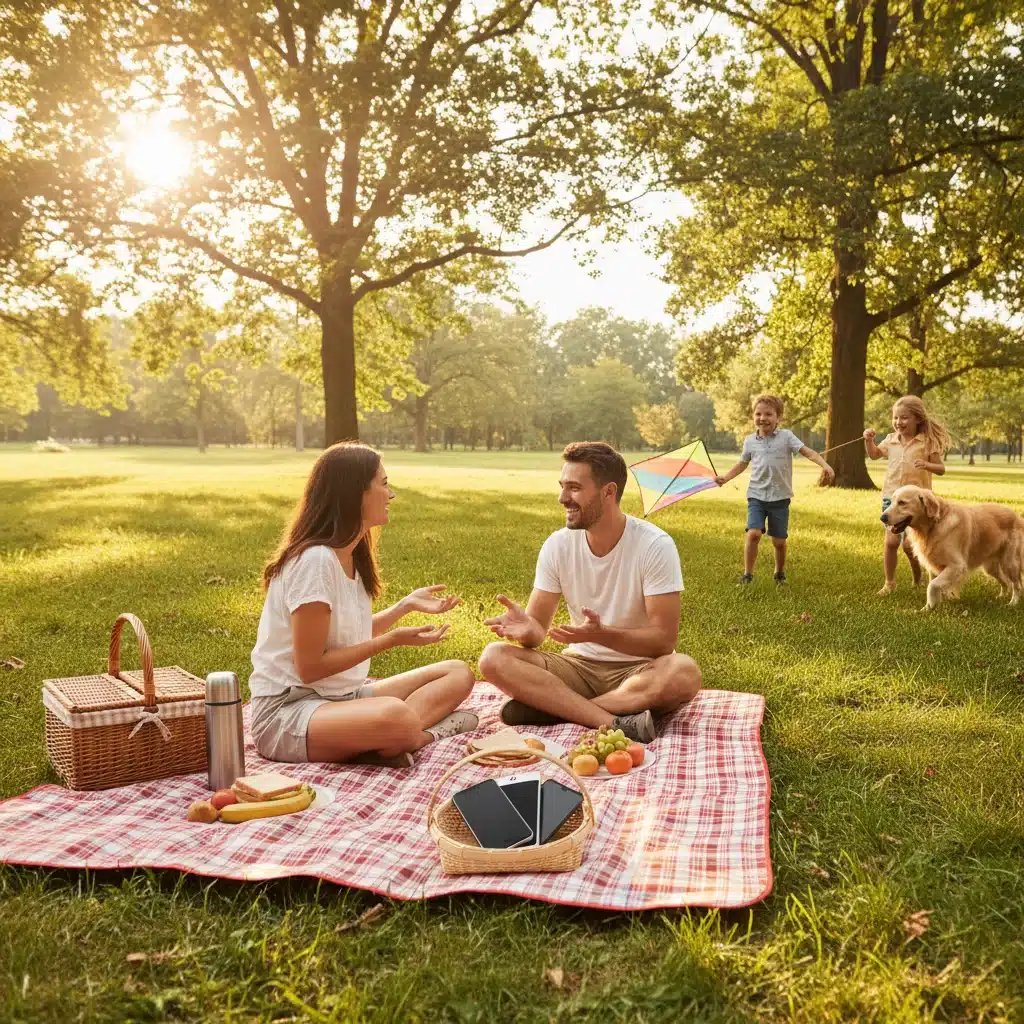 Family enjoying an outdoor picnic, with smartphones intentionally put aside in a basket, promoting real-world connection.