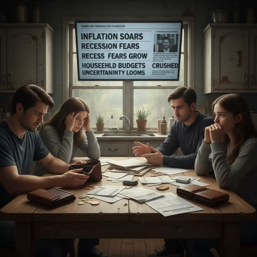 Family worried about household bills due to economic uncertainty.