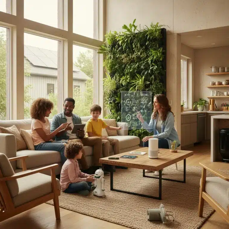 Family using smart home devices in a modern living room