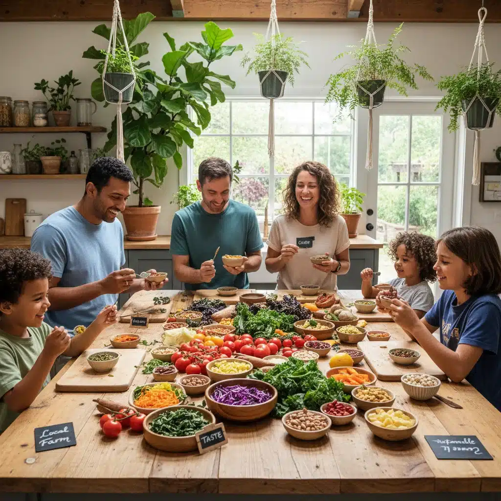 Family enjoying a meal with sustainable, locally sourced ingredients, promoting mindful eating.