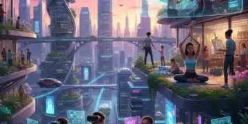 Diverse individuals enjoying various modern leisure activities in a futuristic setting.