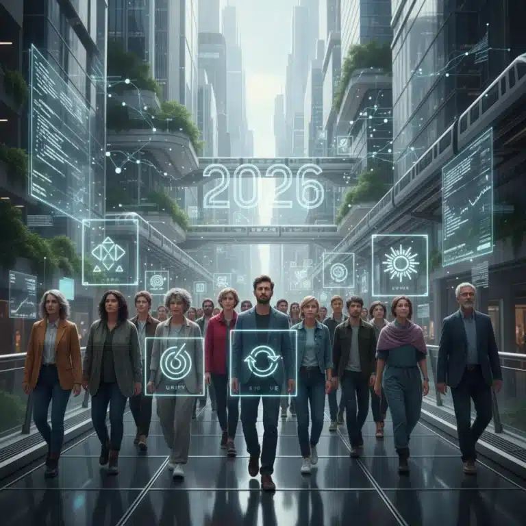 Diverse individuals marching in a stylized urban setting, symbolizing future social movements and collective action.