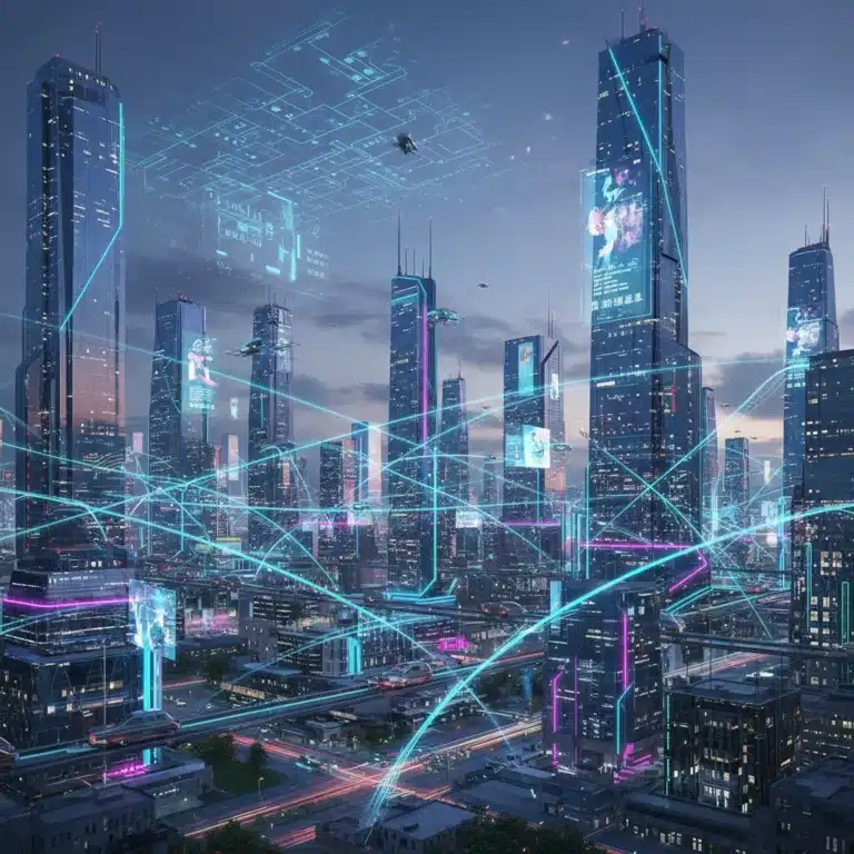 Futuristic cityscape with glowing 5G network connections and smart devices.