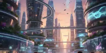 Futuristic cityscape with integrated technology and people interacting in a blend of physical and digital spaces