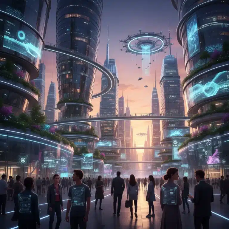 Futuristic cityscape with integrated technology and people interacting in a blend of physical and digital spaces