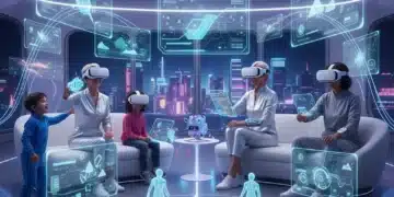 People enjoying futuristic digital entertainment with VR headsets and holographic displays