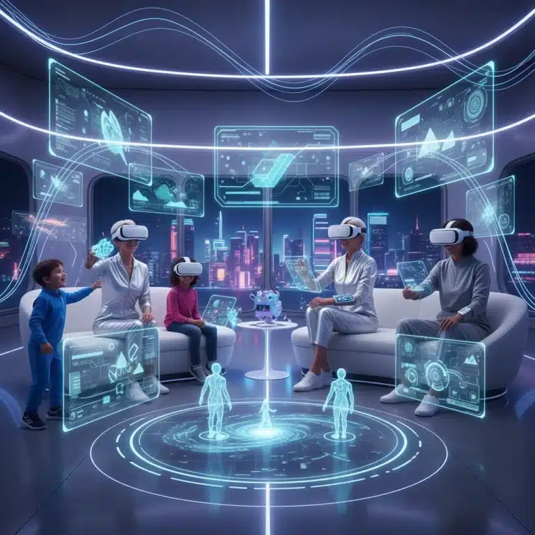 People enjoying futuristic digital entertainment with VR headsets and holographic displays