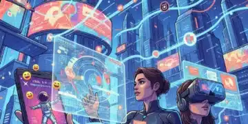 Futuristic scene of interconnected digital storytelling elements and engaged users