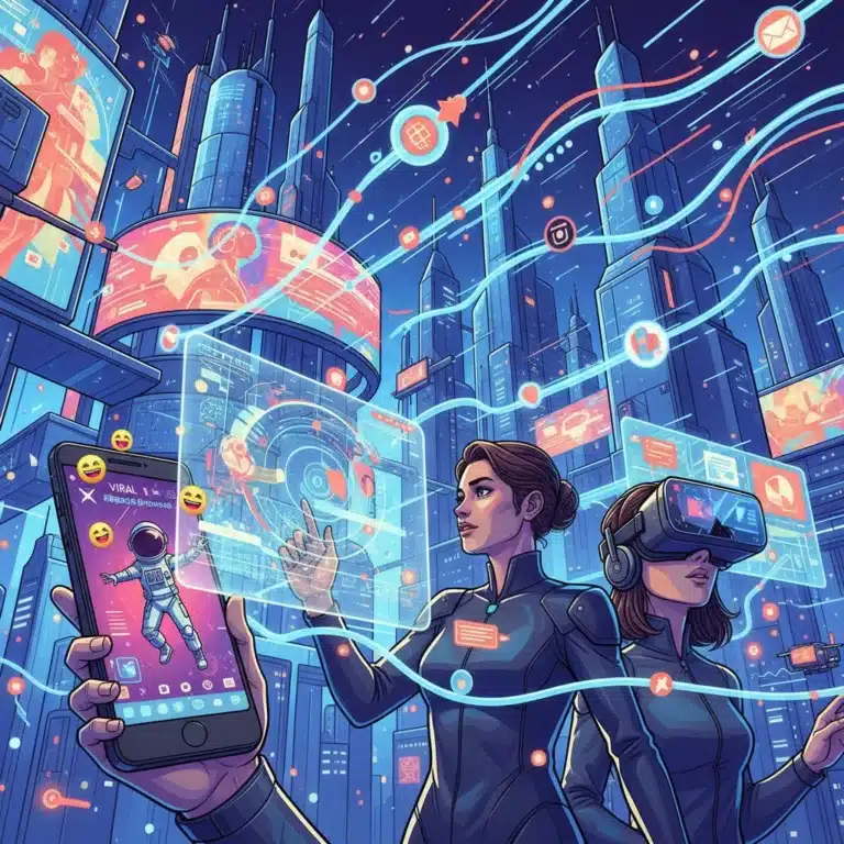 Futuristic scene of interconnected digital storytelling elements and engaged users