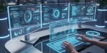 Futuristic digital workspace with sleek monitors and holographic interface, enhancing productivity.
