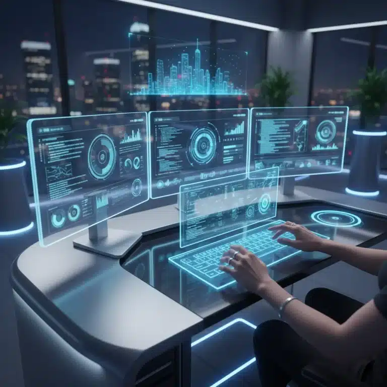 Futuristic digital workspace with sleek monitors and holographic interface, enhancing productivity.