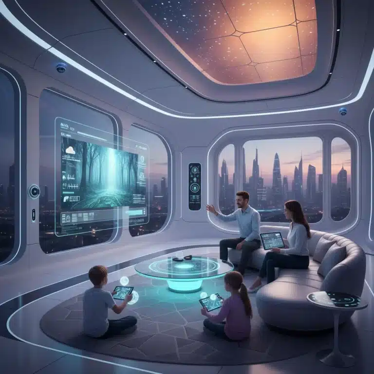 Futuristic smart home living room with integrated technology