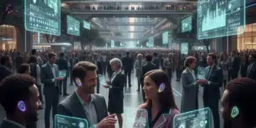 Futuristic people interacting with advanced wearable technology in a smart city