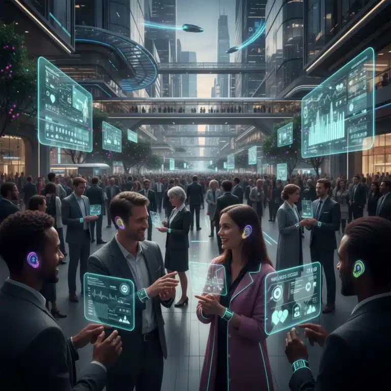 Futuristic people interacting with advanced wearable technology in a smart city