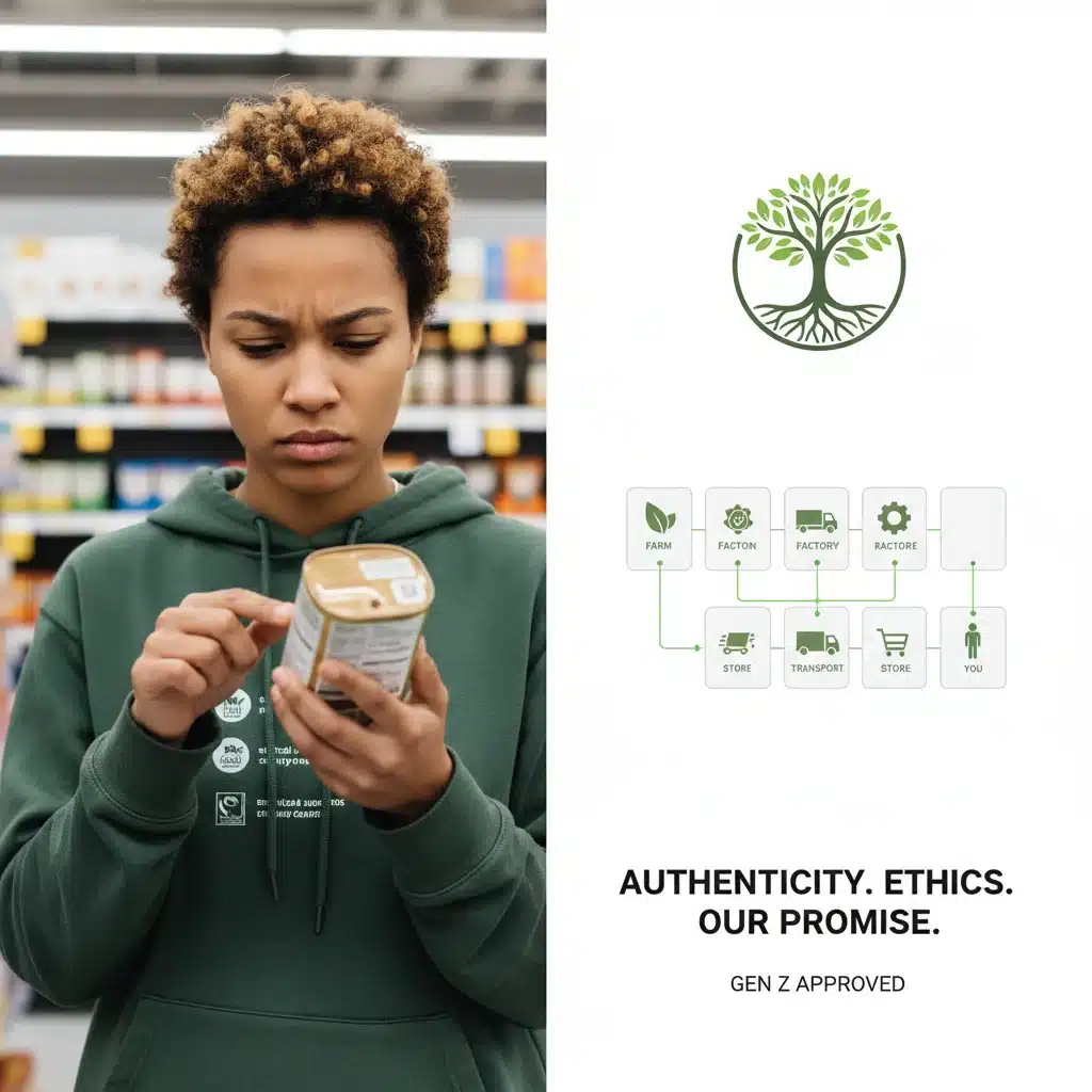 Young consumer examining product labels for ethical sourcing and transparency.