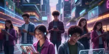 Gen Z individuals interacting with technology, representing future consumer trends.