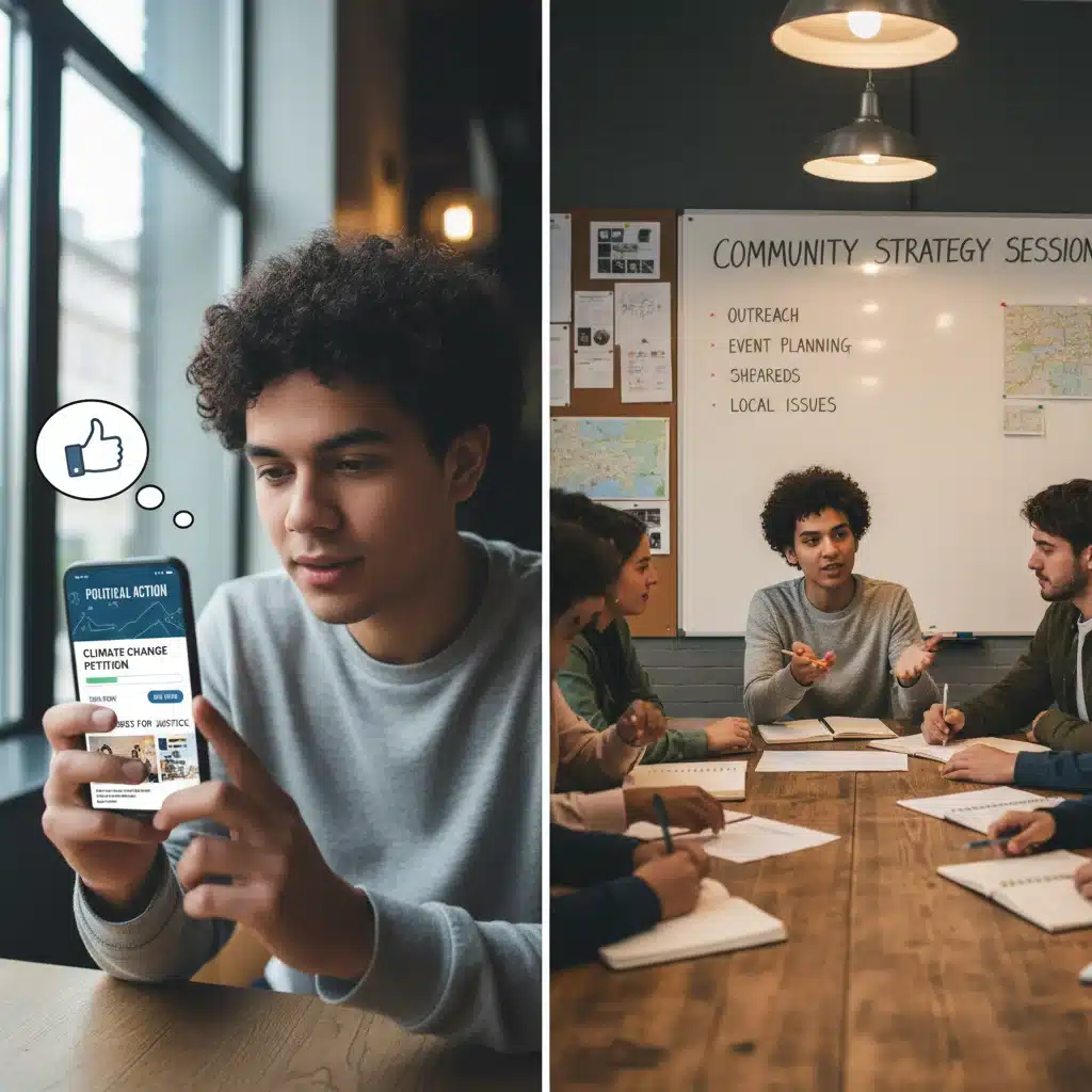 Gen Z engaging in both digital political advocacy and local community organizing.