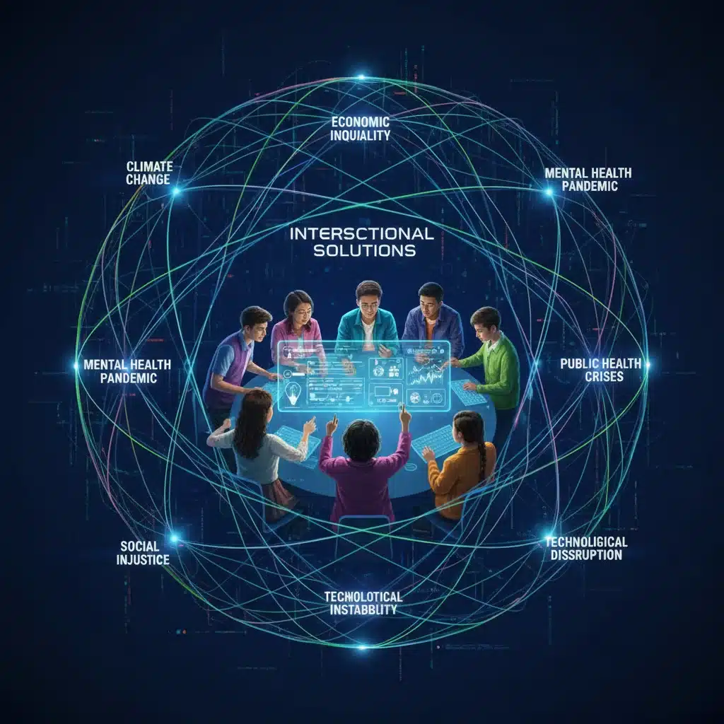 Interconnected global issues being addressed by a diverse group of Gen Z individuals.
