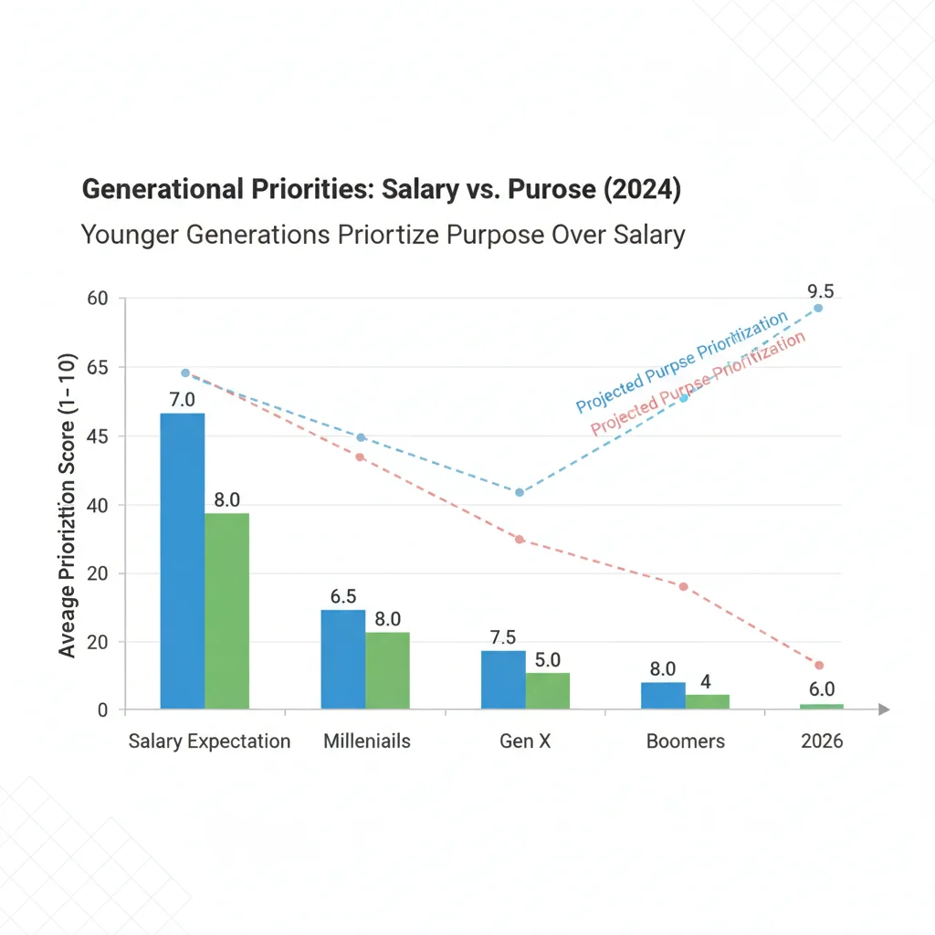 Bar chart comparing generational priorities: salary vs. purpose.