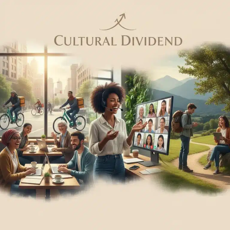Diverse gig workers thriving in flexible work environments, embodying the cultural dividend.