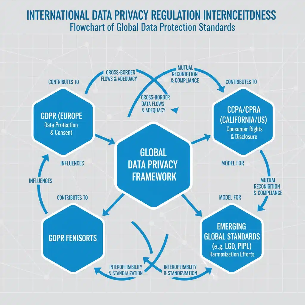 Flowchart depicting interconnected international data privacy regulations like GDPR and CCPA.