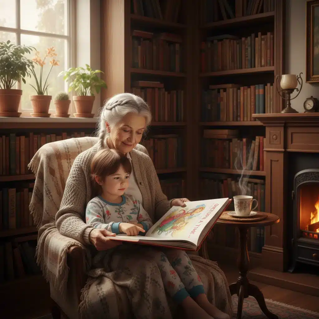 Grandparent reading to grandchild in a home library