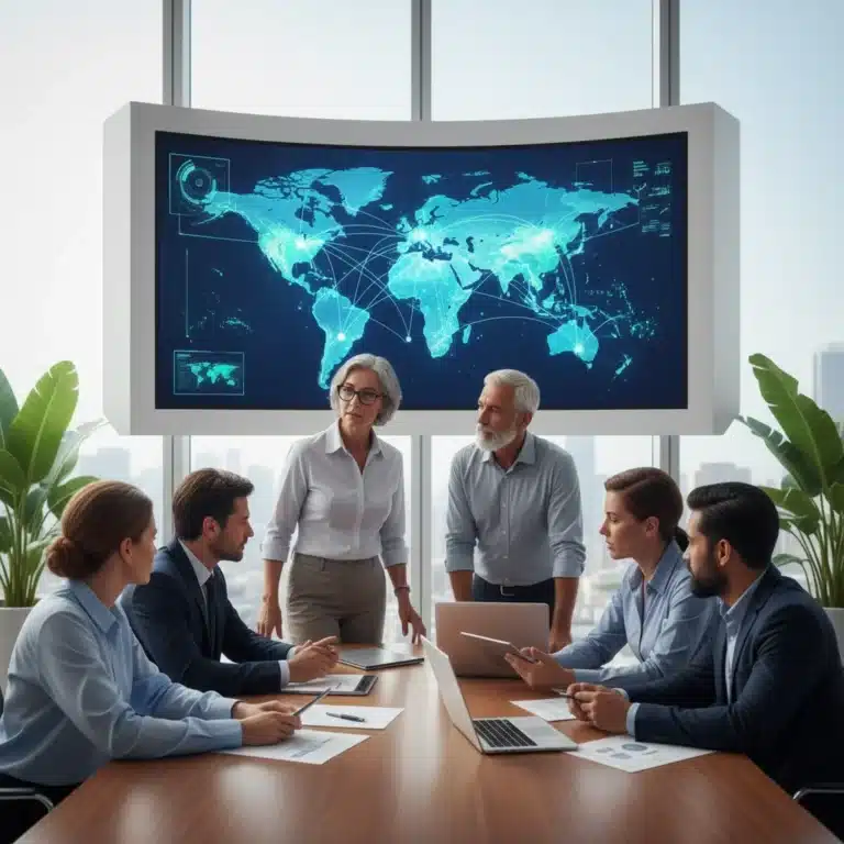 Professionals analyzing future work trends and global impact