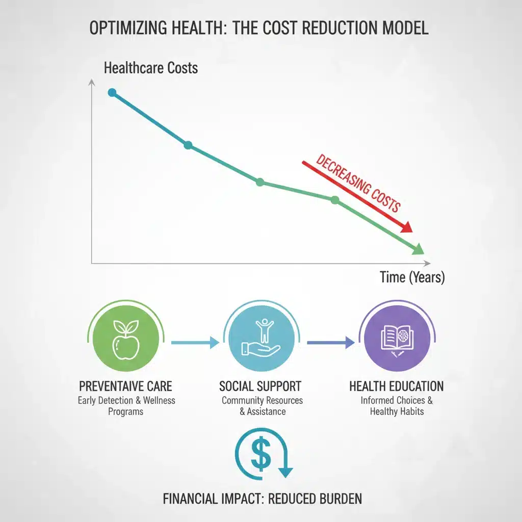 Infographic illustrating the reduction in healthcare costs due to preventative care and social support.