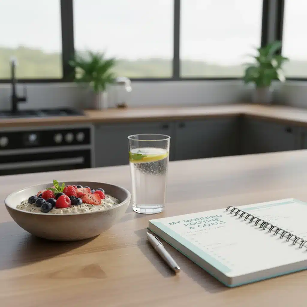 Healthy breakfast and planner on a kitchen counter, representing mindful morning preparation.