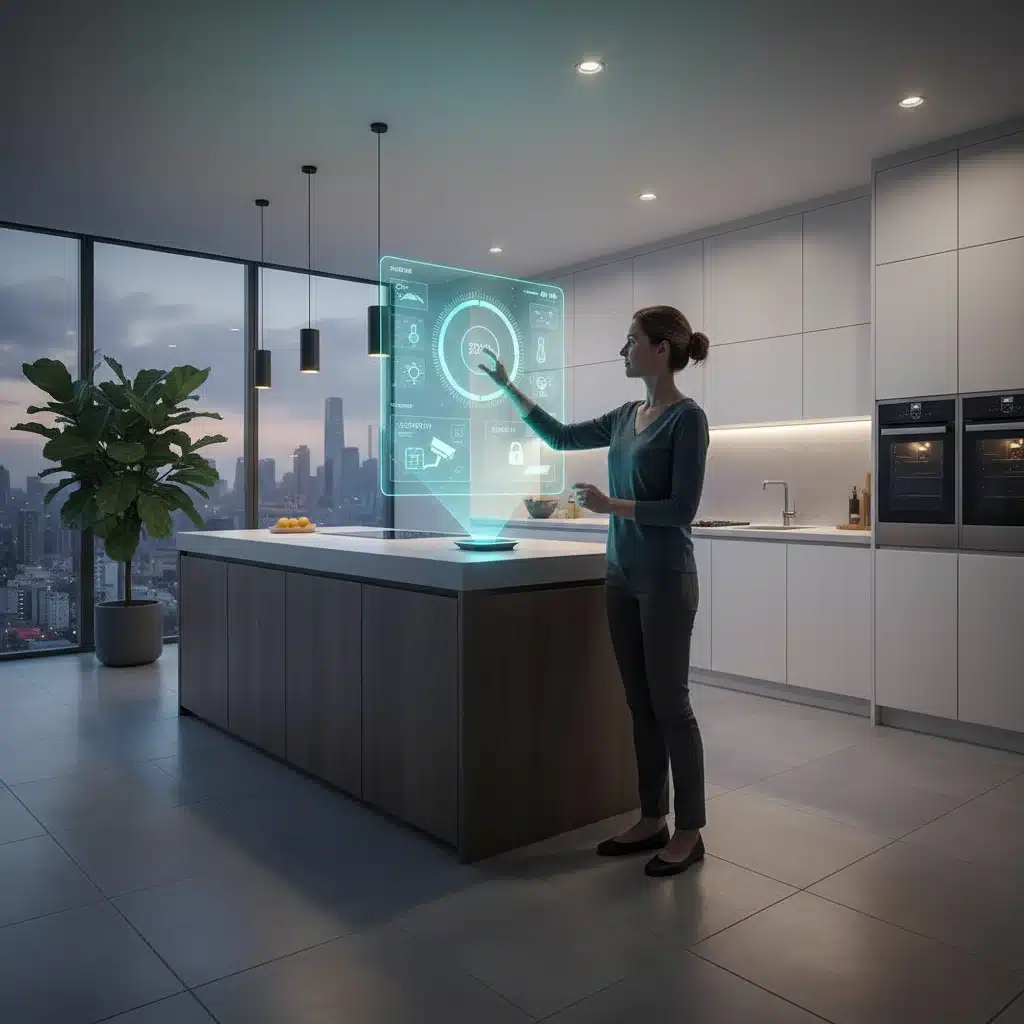 Homeowner using holographic smart home interface in kitchen