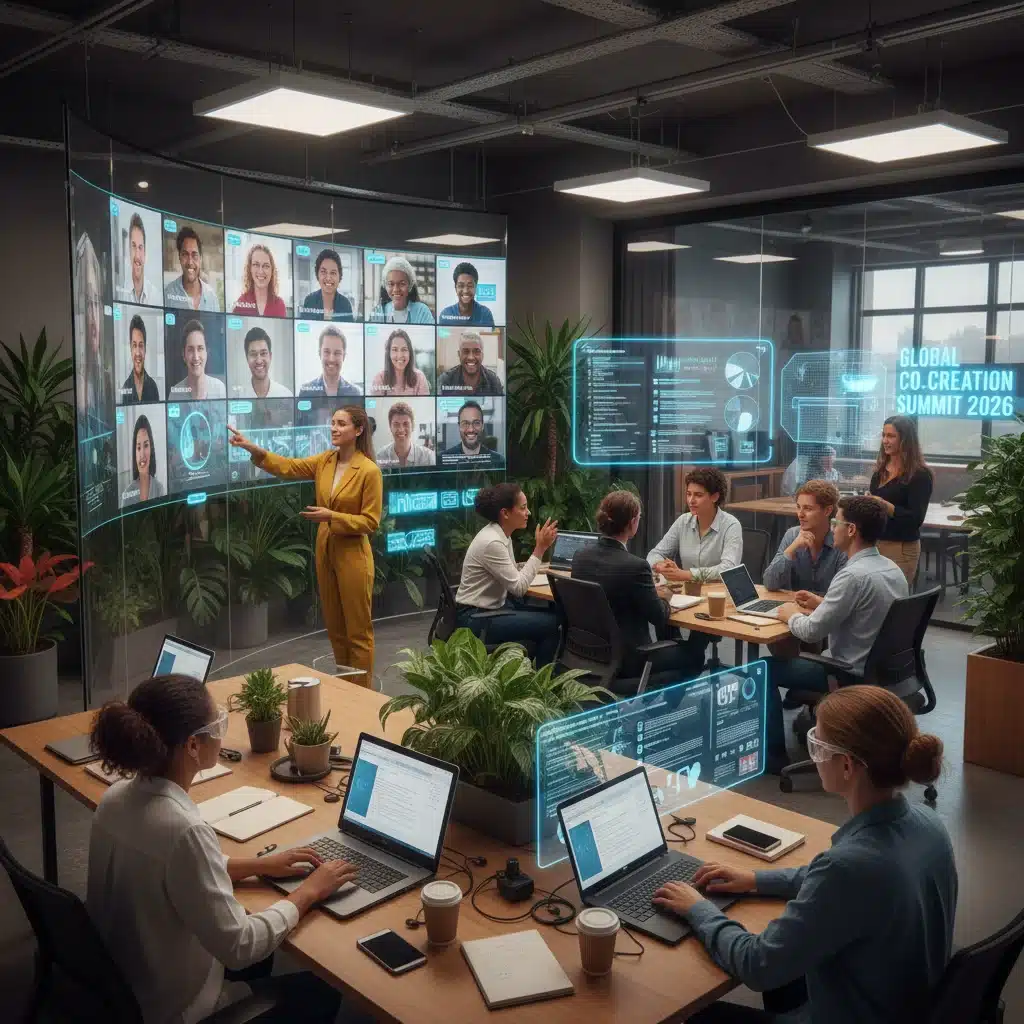 Diverse community members engaging in a hybrid virtual and physical meeting, showcasing 2026 social interaction trends.