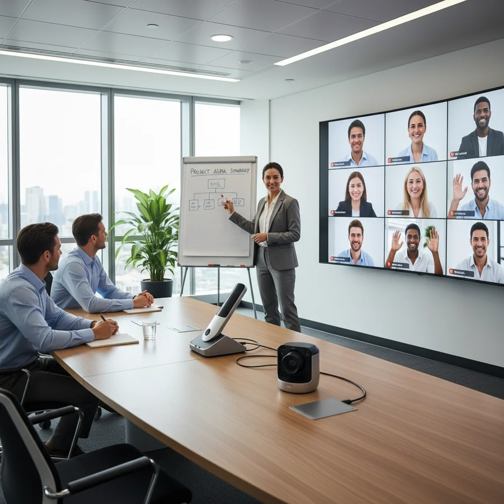 Leader facilitating a hybrid team meeting, showcasing inclusive communication in a modern workplace.
