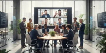 Professionals collaborating in a hybrid work environment with in-office and remote team members.