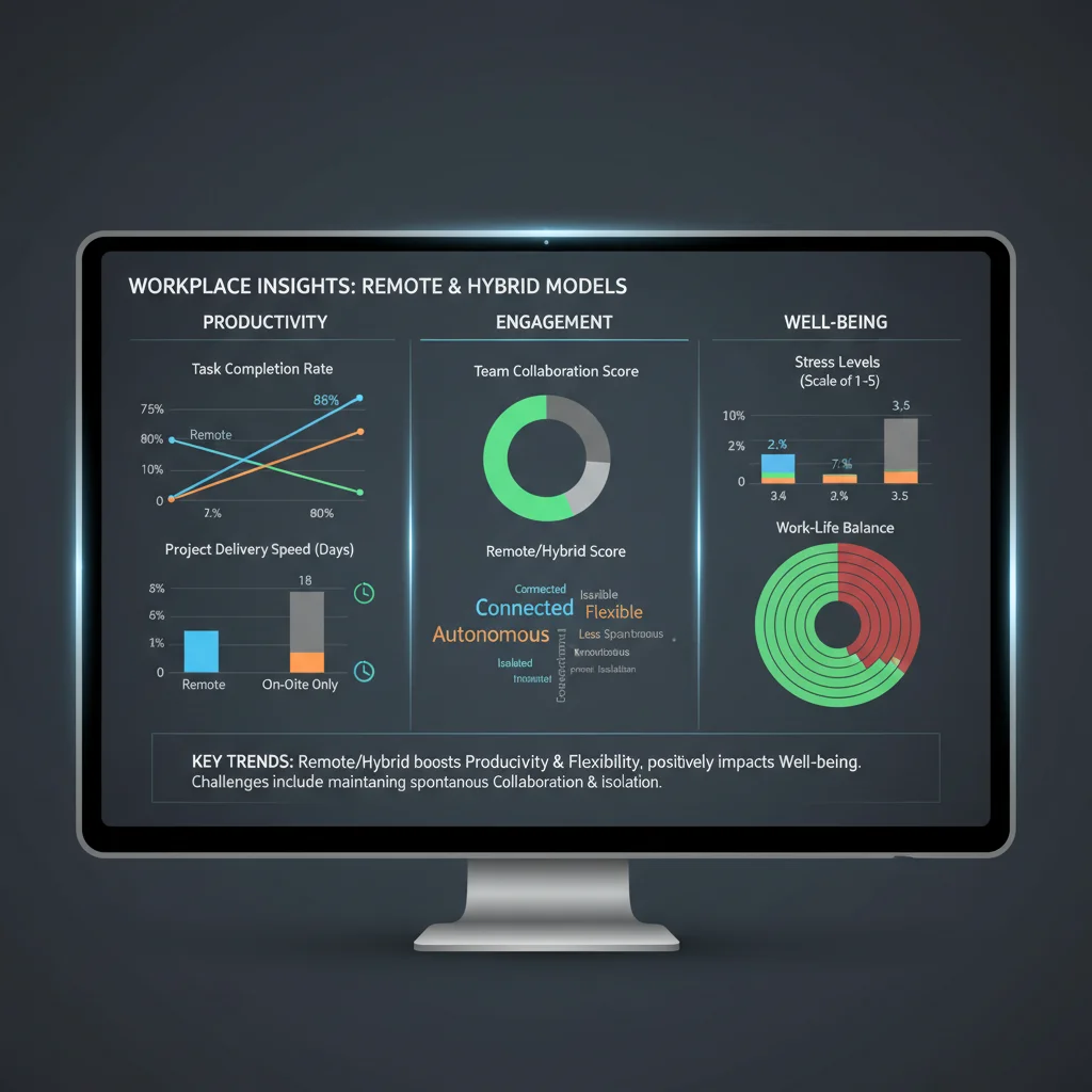 Dashboard showing key performance indicators for hybrid and remote work effectiveness.