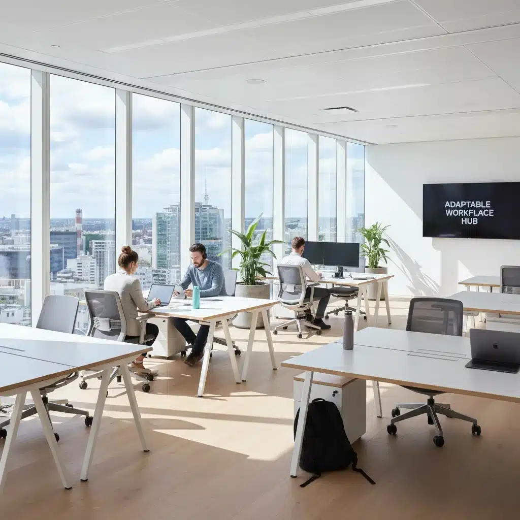 Modern office interior with hybrid work setup, few people, empty desks.