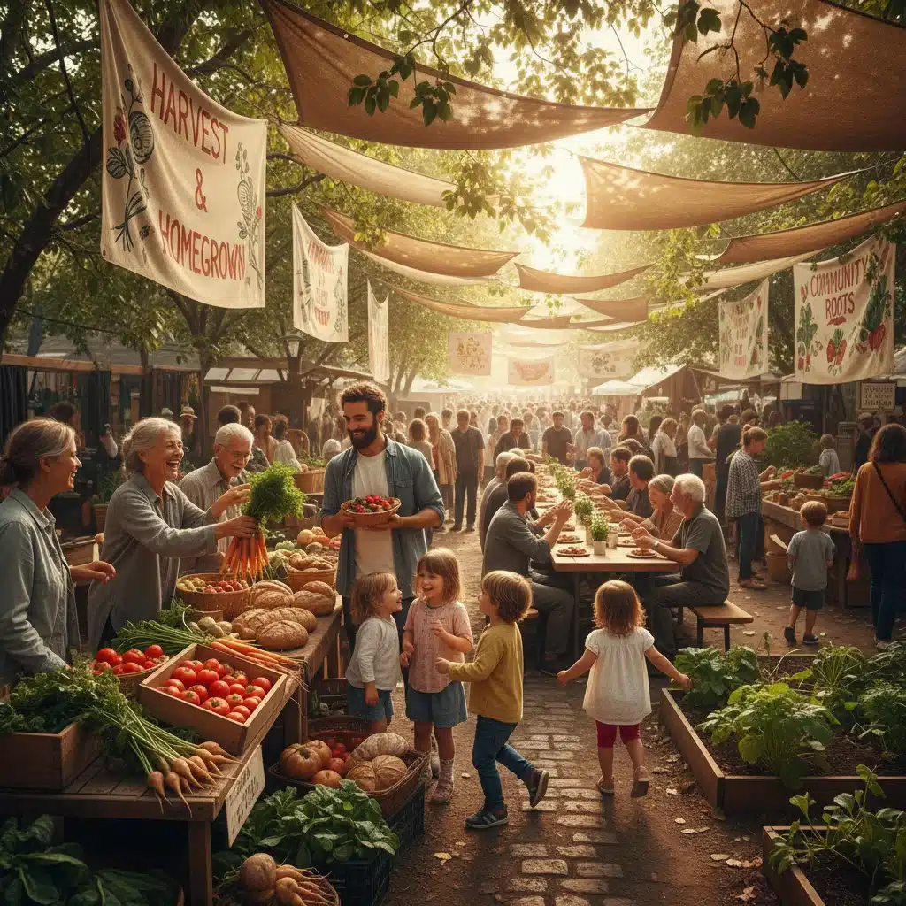 People interacting and sharing at a hyper-local community market, emphasizing real-world connection.