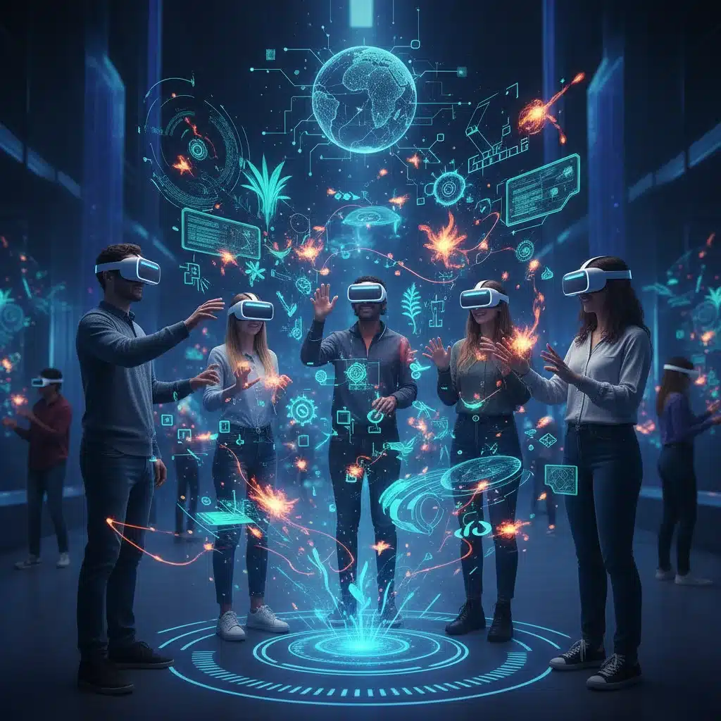 People in VR headsets experiencing immersive metaverse interactions.